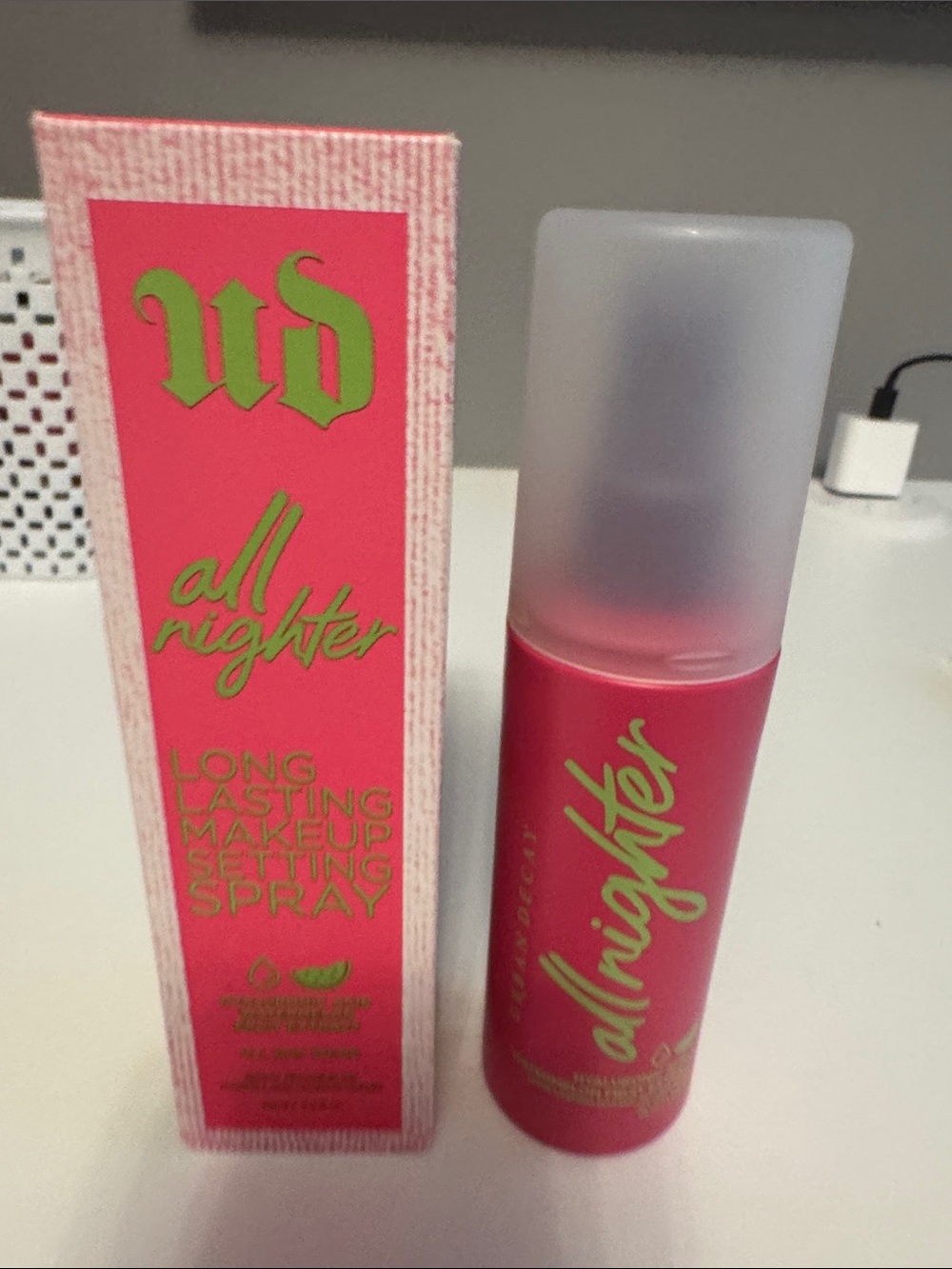 Urban Decay All Nighter Setting Spray — Hot Pink with Lime Green Text